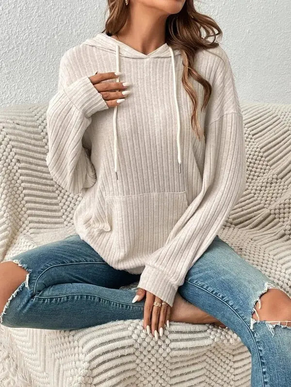 Fashion Drawstring Long-sleeved Hooded Sweatshirt With Pockets Solid Sunken Stripe Hoodie Knitwear Womens Clothing - Pre2brand