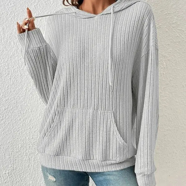 Fashion Drawstring Long-sleeved Hooded Sweatshirt With Pockets Solid Sunken Stripe Hoodie Knitwear Womens Clothing - Pre2brand