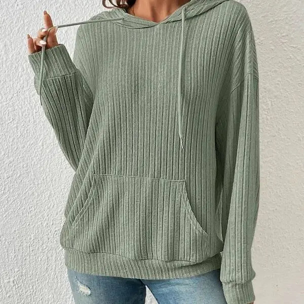 Fashion Drawstring Long-sleeved Hooded Sweatshirt With Pockets Solid Sunken Stripe Hoodie Knitwear Womens Clothing - Pre2brand