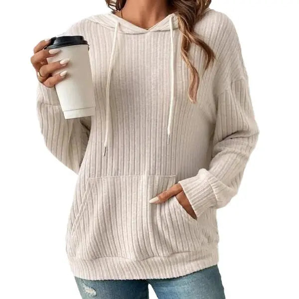 Fashion Drawstring Long-sleeved Hooded Sweatshirt With Pockets Solid Sunken Stripe Hoodie Knitwear Womens Clothing - Pre2brand