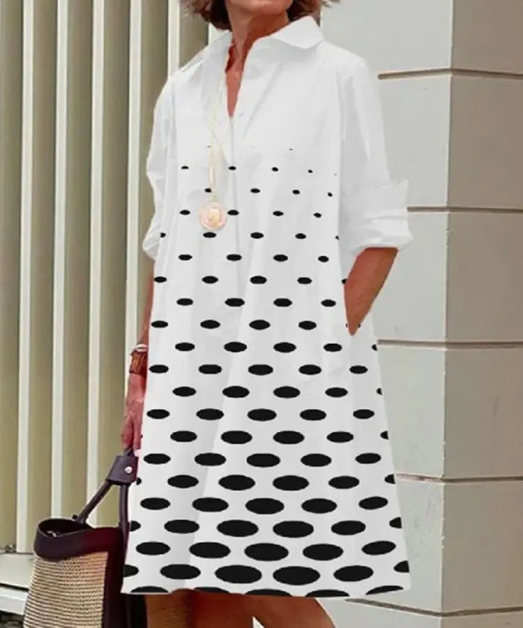 Fashion Polka Dot Print Shirt Collar Long Sleeve Pocket Mid-length Dress  Pre2brand Element-4-XXL