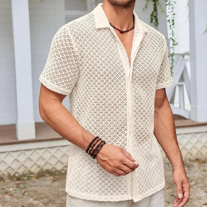 Fashion Solid Color Polo Collar Short Sleeve Mesh Shirt Tops Men Clothing  Pre2brand