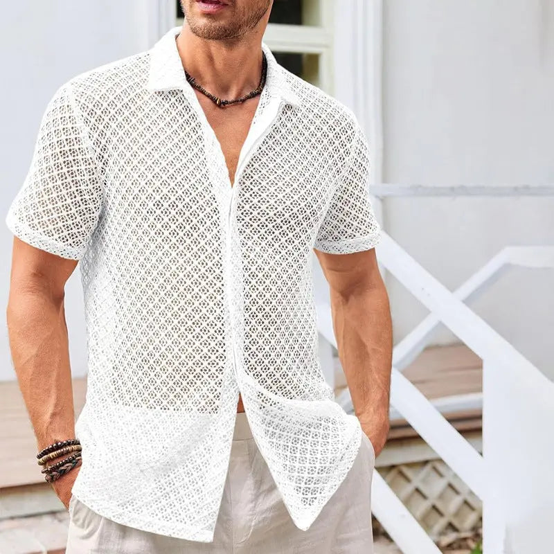 Fashion Solid Color Polo Collar Short Sleeve Mesh Shirt Tops Men Clothing  Pre2brand