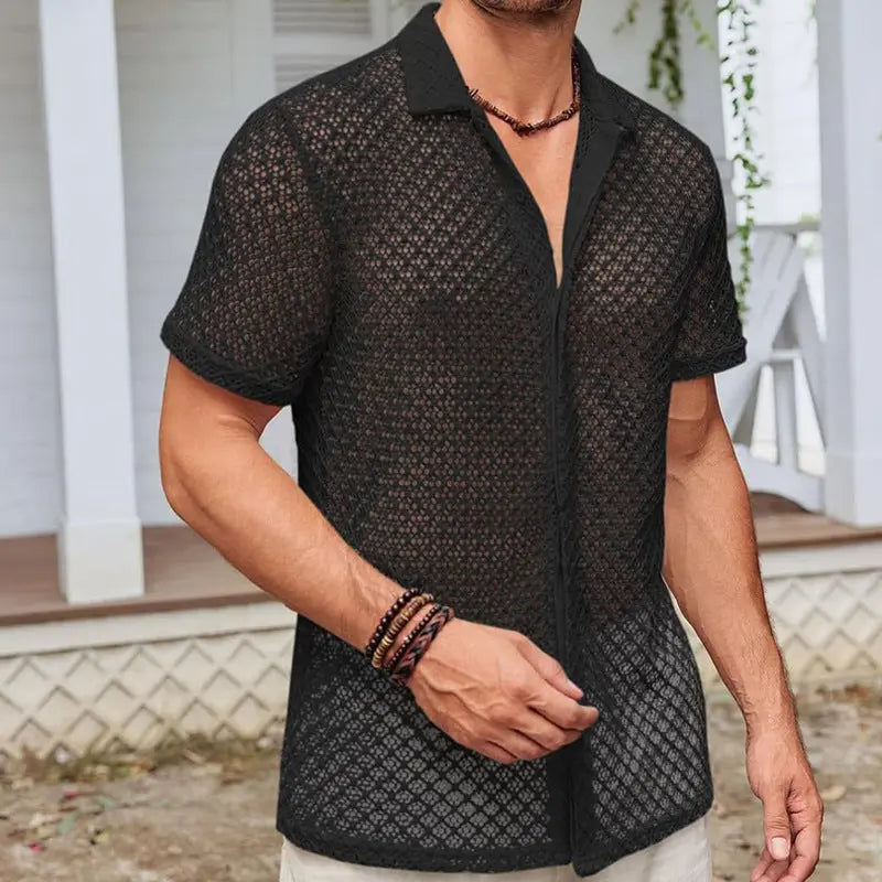 Fashion Solid Color Polo Collar Short Sleeve Mesh Shirt Tops Men Clothing  Pre2brand