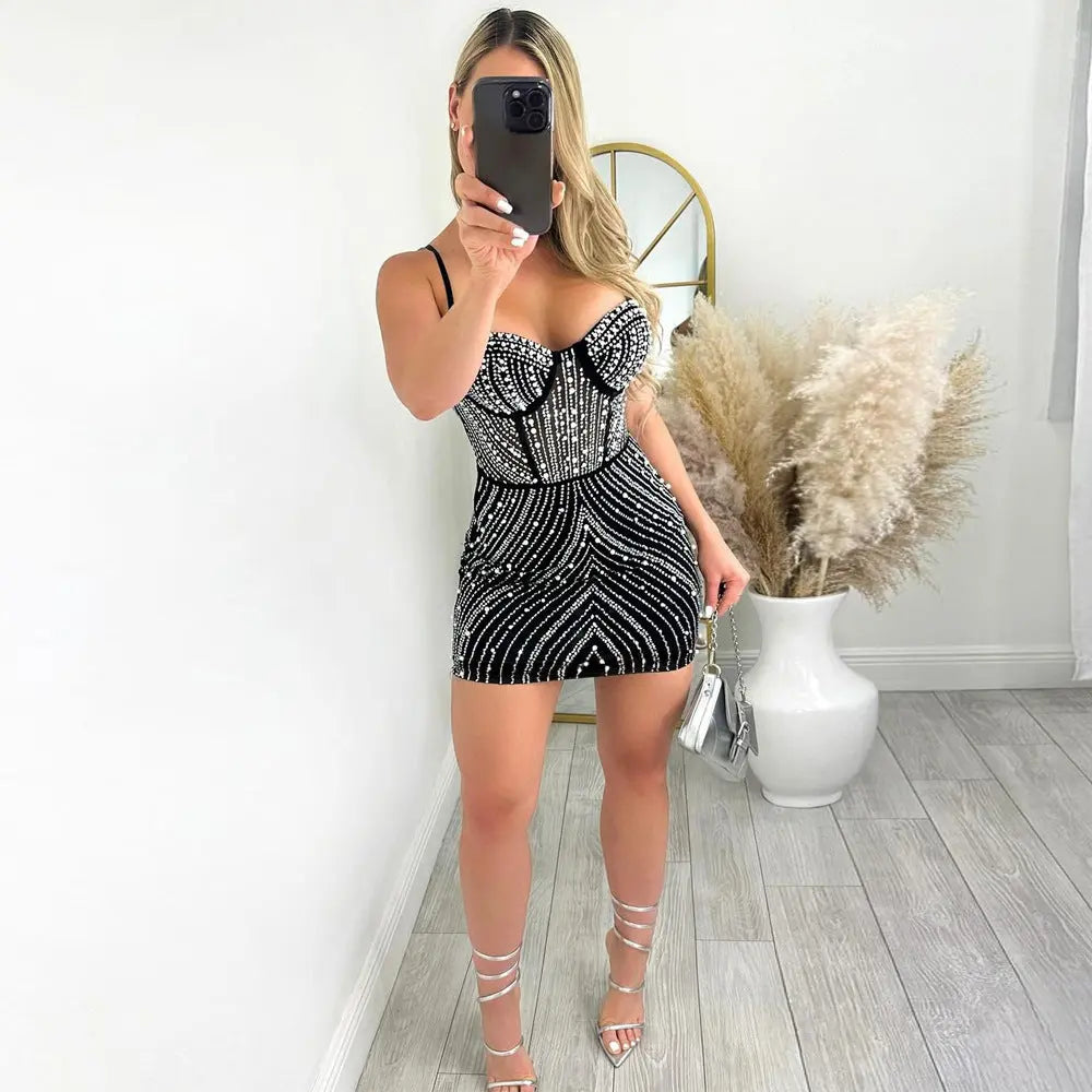 Fashion Suspenders Hot Rhinestone Sheath Dress Women  Pre2brand Black-XXL