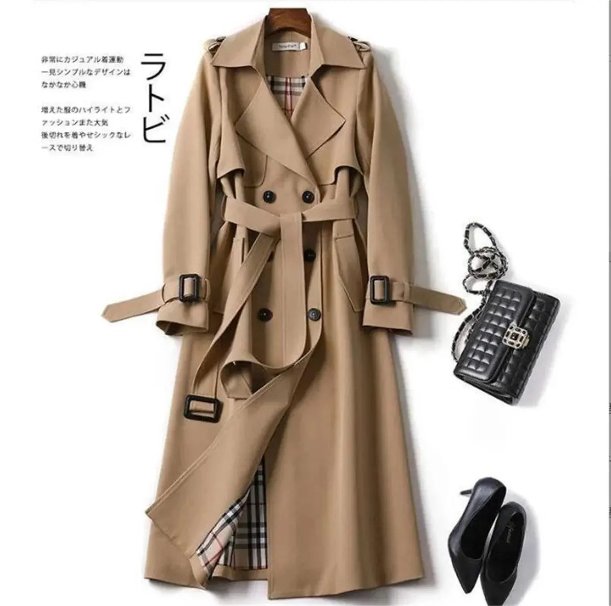 Fashion Women Belt Trench Coat British Style Autumn Winter Lapel Jacket Casual Elegant Medium Length Coats Female Slim Windbreak  Pre2brand XXL-camel