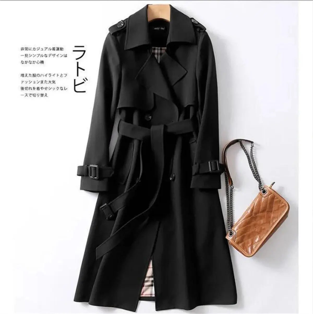 Fashion Women Belt Trench Coat British Style Autumn Winter Lapel Jacket Casual Elegant Medium Length Coats Female Slim Windbreak  Pre2brand XXL-black