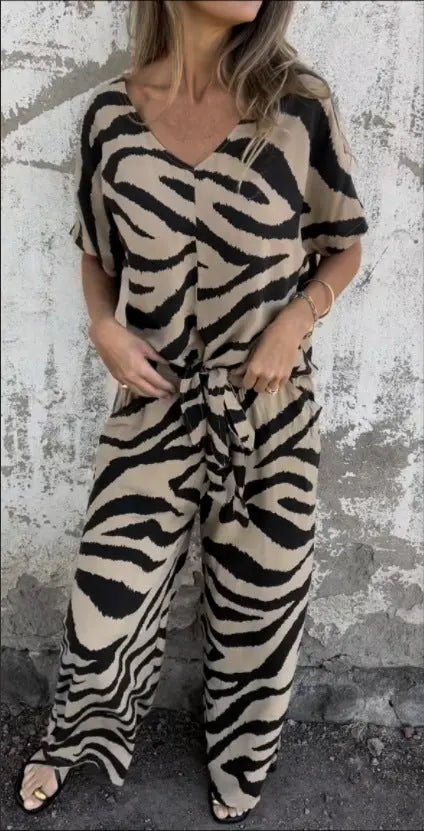 Fashion Zebra Stripes V-neck Lace-up Top Suit  Pre2brand Camel-3XL
