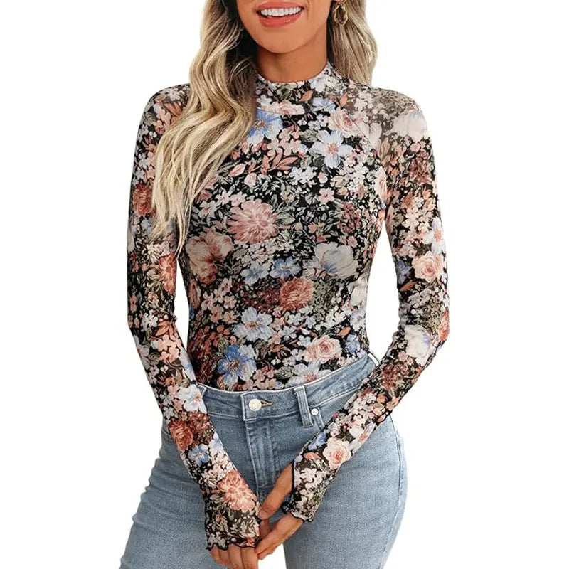 Floral Mesh Crew Neck Long Sleeve Mesh Top  Pre2brand Black-XXL