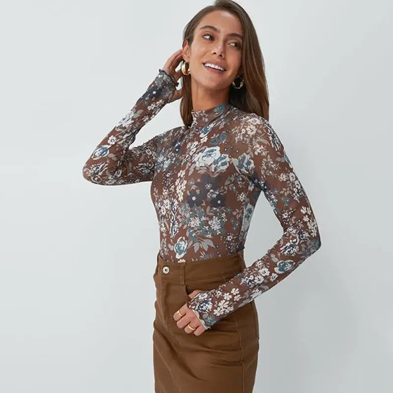 Floral Mesh Crew Neck Long Sleeve Mesh Top  Pre2brand Floral-Brown-XXL