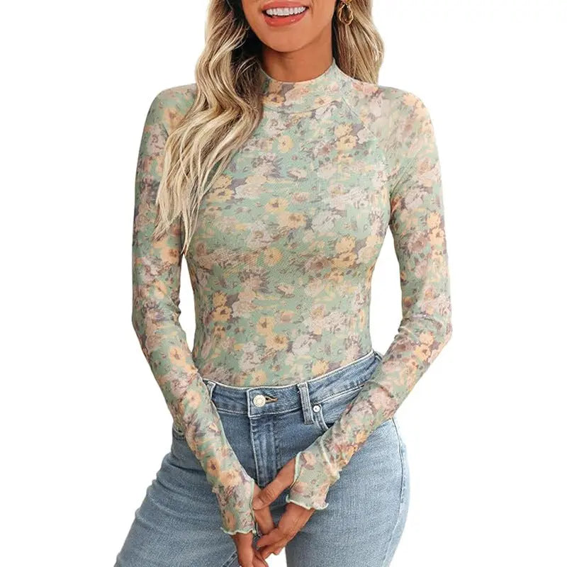 Floral Mesh Crew Neck Long Sleeve Mesh Top  Pre2brand Green-XXL
