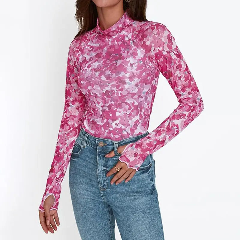 Floral Mesh Crew Neck Long Sleeve Mesh Top  Pre2brand Red-XXL