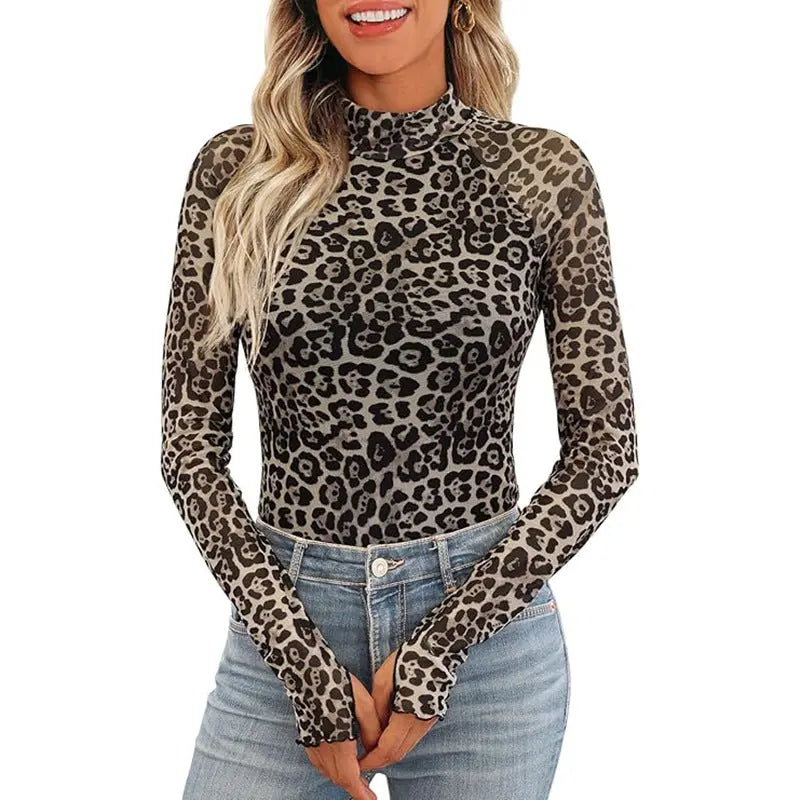 Floral Mesh Crew Neck Long Sleeve Mesh Top  Pre2brand Leopard-Print-XXL