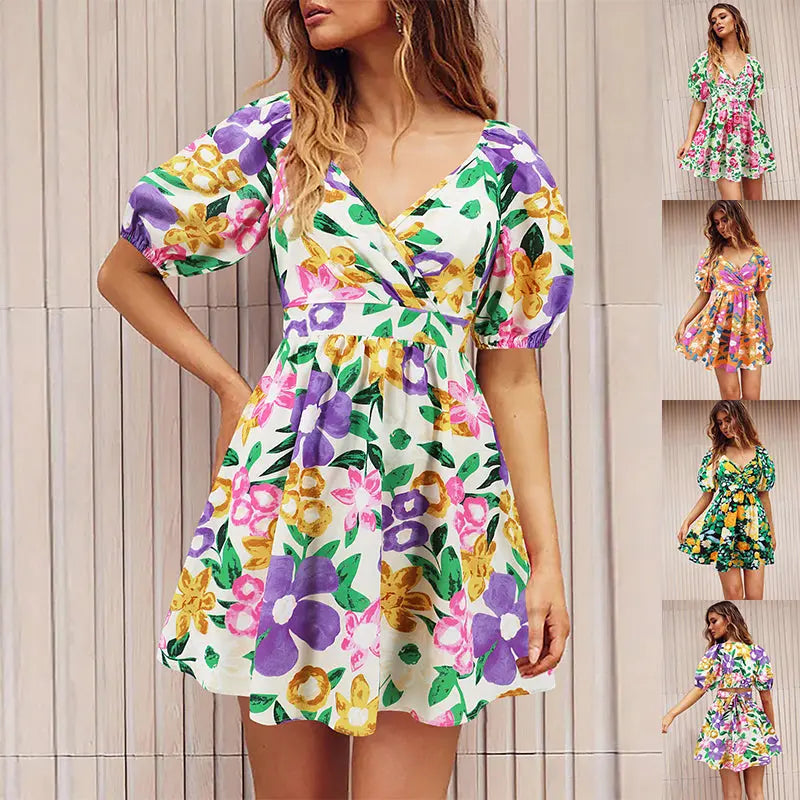Flowers Print V-Neck Lantern-sleeve Dress Y2K Summer Vacation Beach Short Dresses Fashion Womens Clothing - Pre2brand