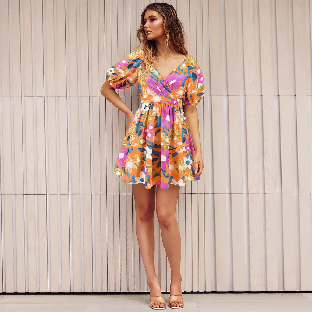Flowers Print V-Neck Lantern-sleeve Dress Y2K Summer Vacation Beach Short Dresses Fashion Womens Clothing - Pre2brand