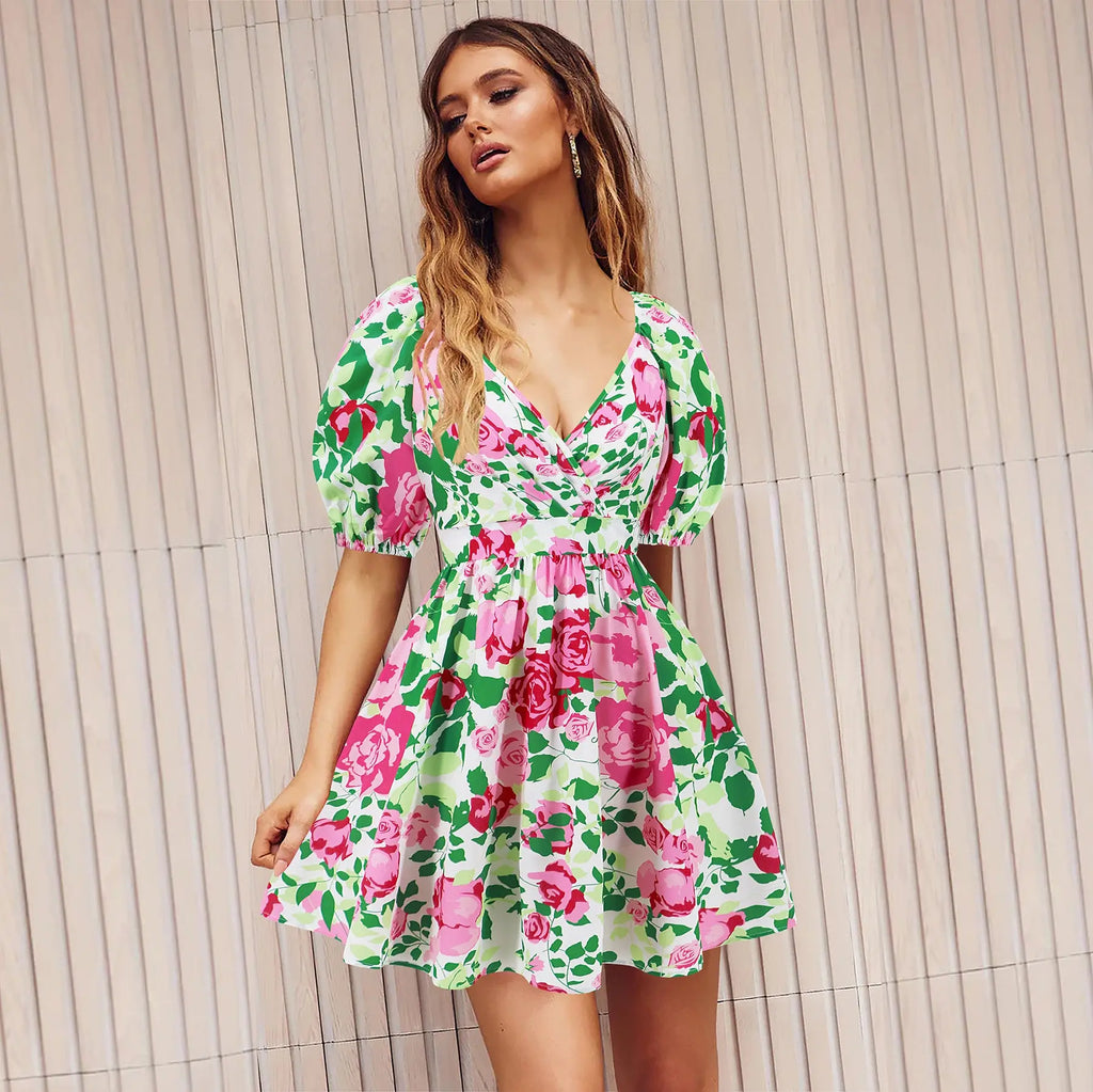 Flowers Print V-Neck Lantern-sleeve Dress Y2K Summer Vacation Beach Short Dresses Fashion Womens Clothing - Pre2brand