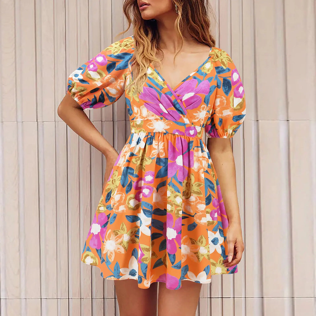 Flowers Print V-Neck Lantern-sleeve Dress Y2K Summer Vacation Beach Short Dresses Fashion Womens Clothing - Pre2brand