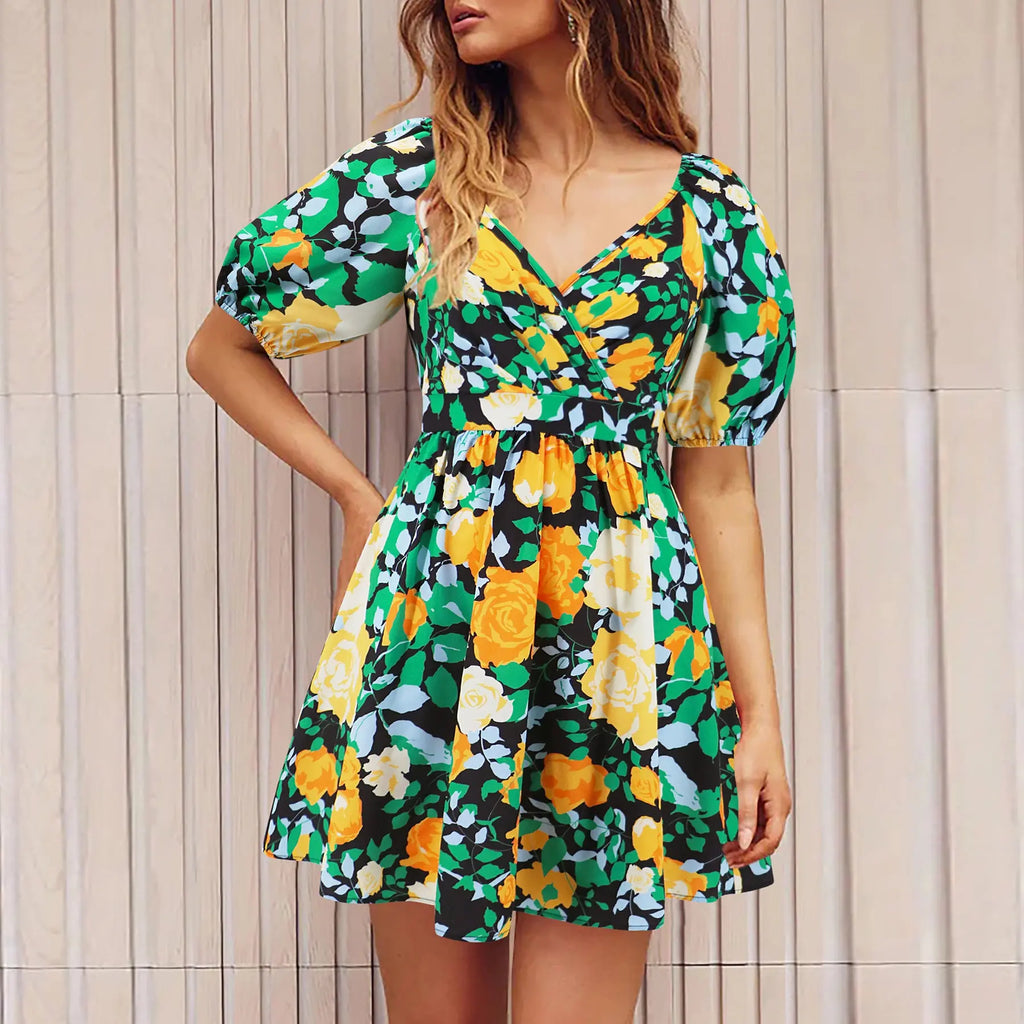 Flowers Print V-Neck Lantern-sleeve Dress Y2K Summer Vacation Beach Short Dresses Fashion Womens Clothing - Pre2brand