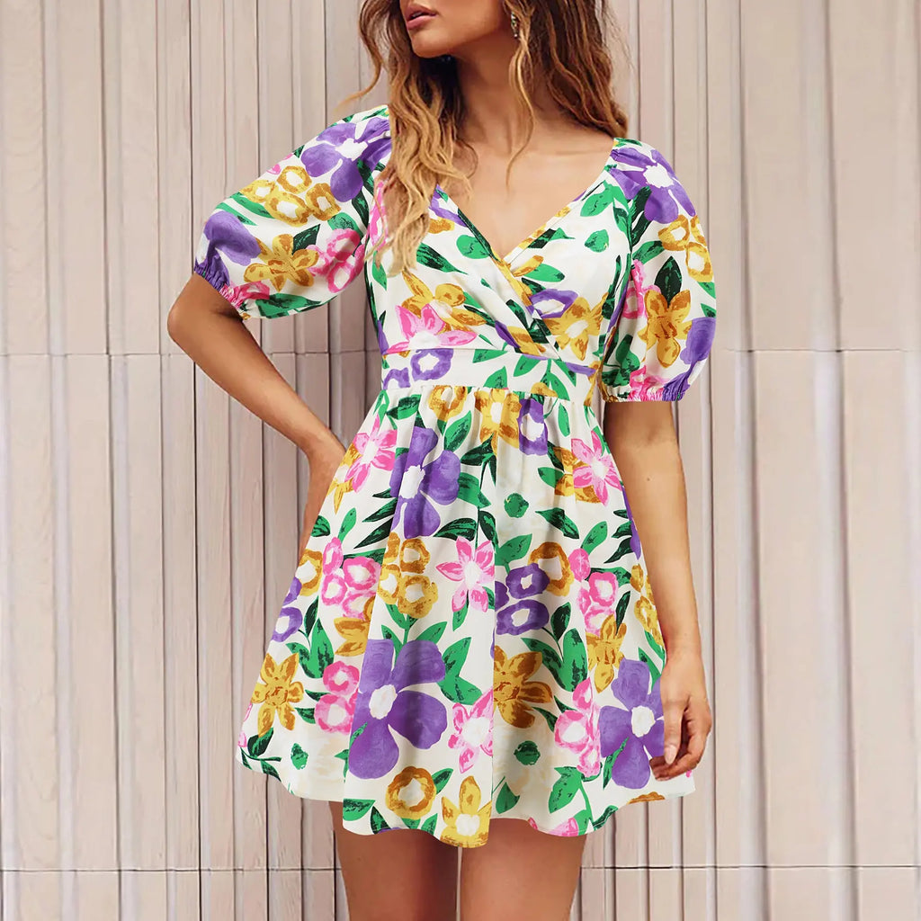 Flowers Print V-Neck Lantern-sleeve Dress Y2K Summer Vacation Beach Short Dresses Fashion Womens Clothing - Pre2brand