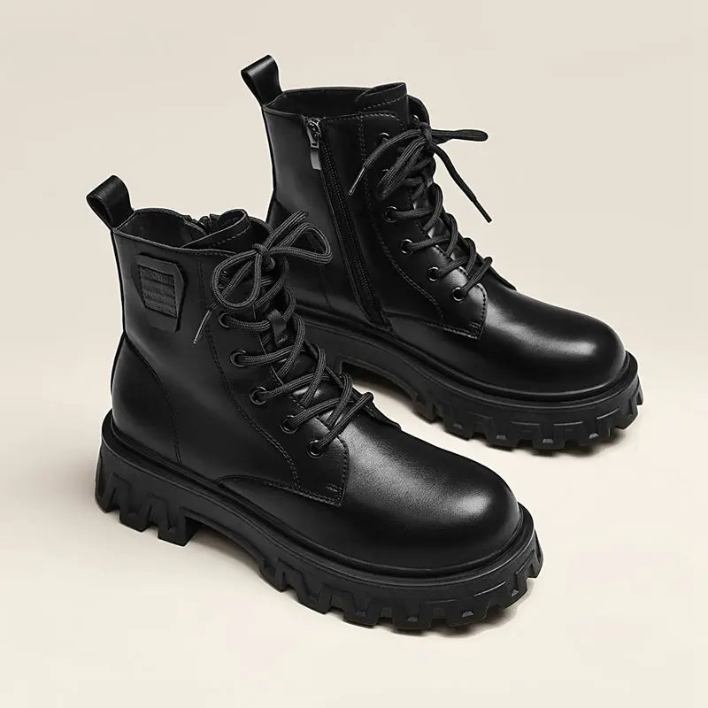 French Soft Leather Short Boots Women Black 2024 New Arrival Small Ankle Boots British Style Boots Retro Chelsea Boots Fall and Winter  Pre2brand EUR36-K263D-Black-tube-high-12cm-Shoelace