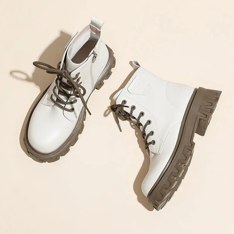 French Soft Leather Short Boots Women Black 2024 New Arrival Small Ankle Boots British Style Boots Retro Chelsea Boots Fall and Winter  Pre2brand EUR40-K263D-beige-tube-high-12cm-Shoelace