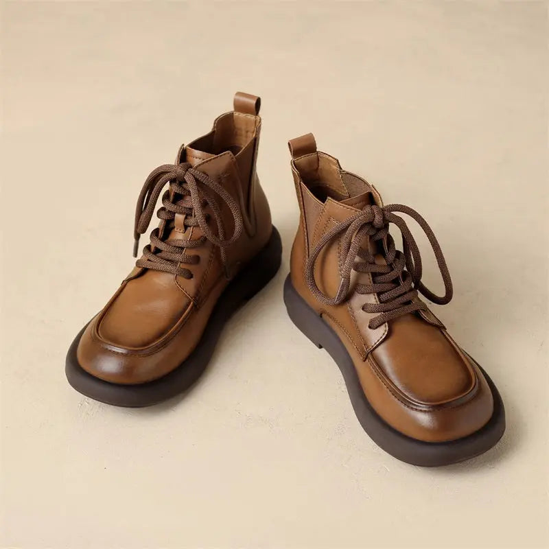 French Soft Leather Short Boots Women Black 2024 New Arrival Small Ankle Boots British Style Boots Retro Chelsea Boots Fall and Winter  Pre2brand eur38-EH20-Brown-tube-height-9.5cm-Shoelace