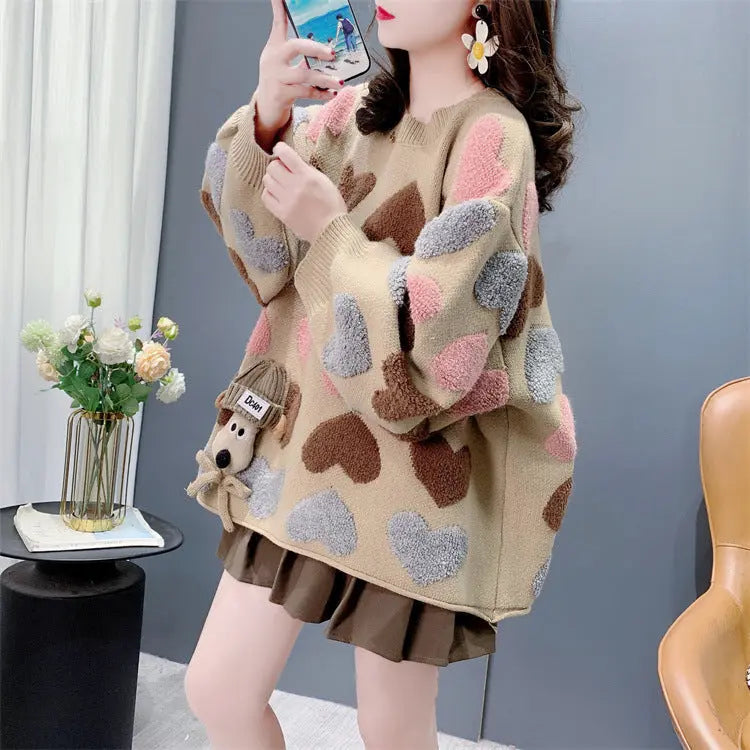 Gentle Younger Sweet Tridimensional Puppy Round Neck Sweater Women's Autumn And Winter 2024 New Loose Heart Knitted Top  Pre2brand Khaki-One-size