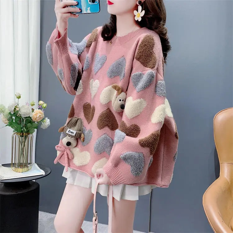 Gentle Younger Sweet Tridimensional Puppy Round Neck Sweater Women's Autumn And Winter 2024 New Loose Heart Knitted Top  Pre2brand Pink-One-size