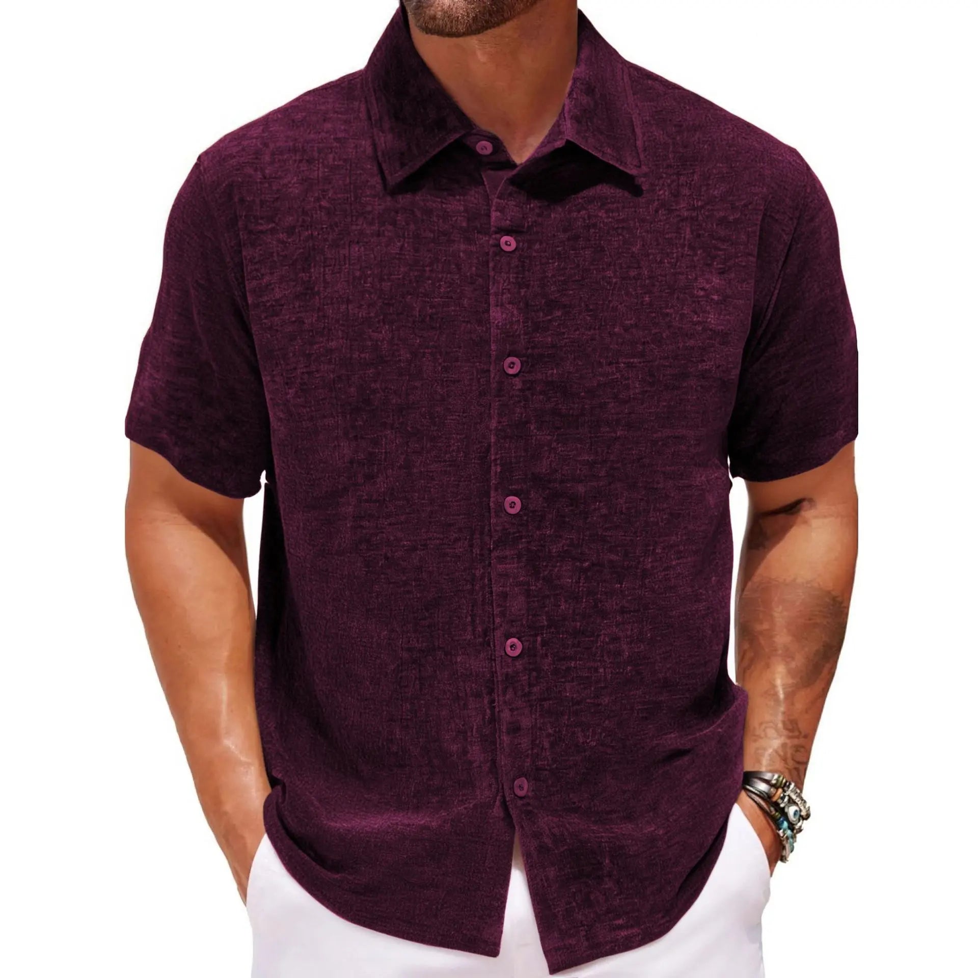 Gold Velvet Fabric Square Collar Casual Short Sleeve Shirt  Pre2brand