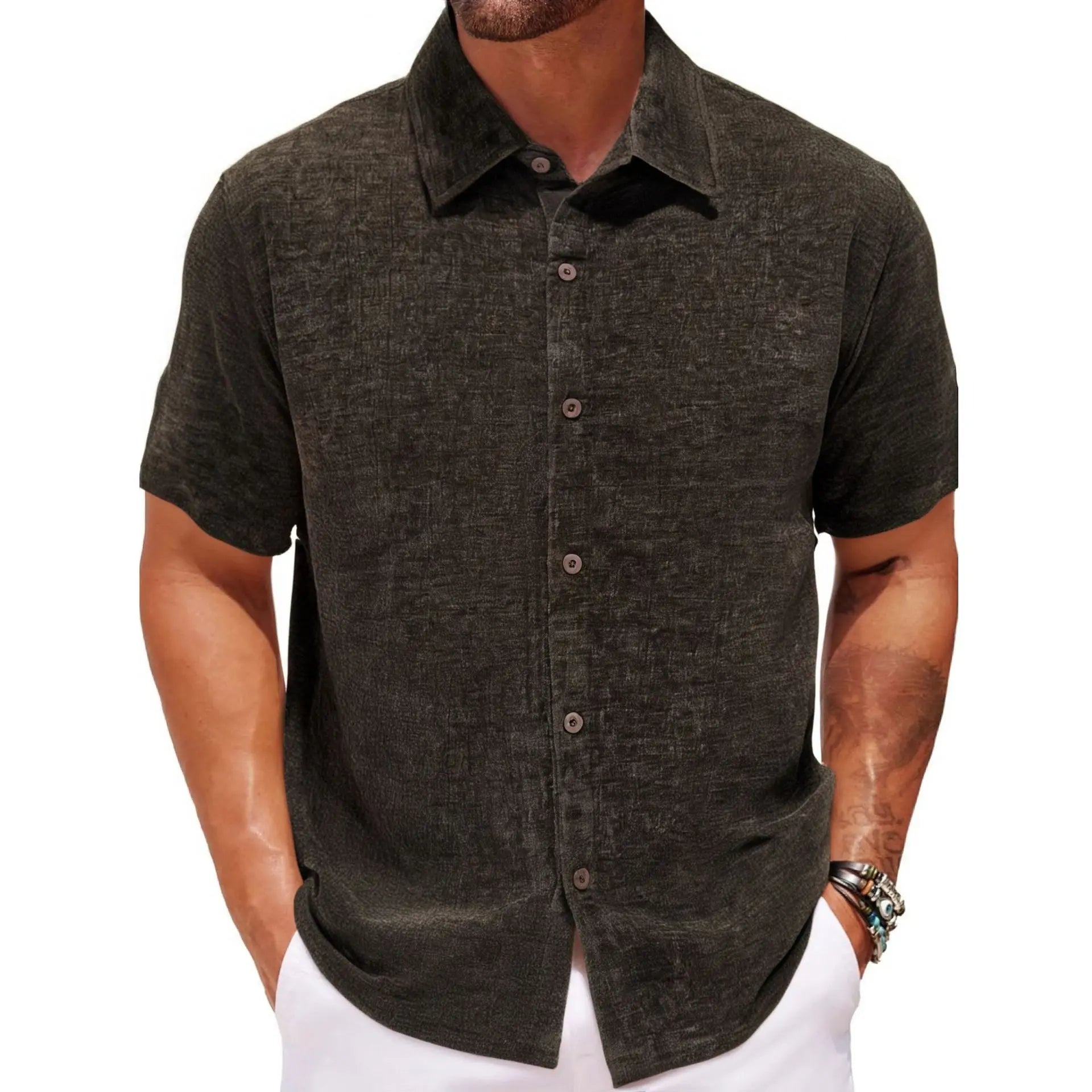 Gold Velvet Fabric Square Collar Casual Short Sleeve Shirt  Pre2brand