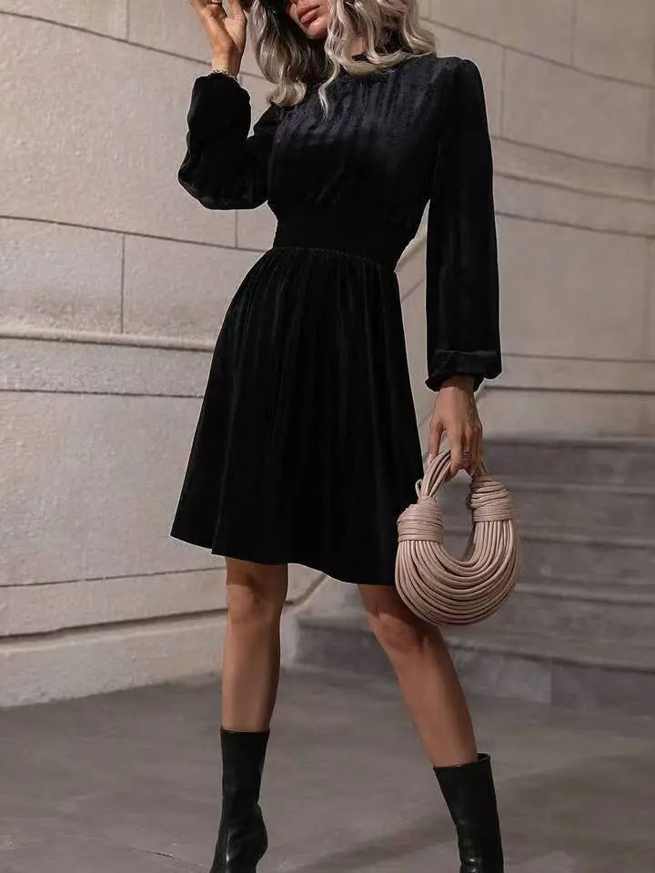 Graceful Stand Collar Solid Color Velvet Long Sleeve Dress  Pre2brand Black-XL