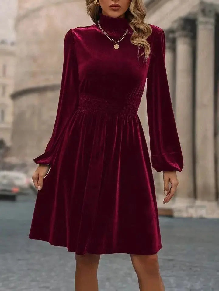 Graceful Stand Collar Solid Color Velvet Long Sleeve Dress  Pre2brand Wine-Red-XL