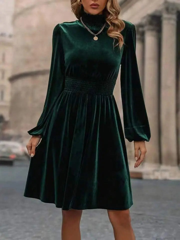 Graceful Stand Collar Solid Color Velvet Long Sleeve Dress  Pre2brand Green-XL