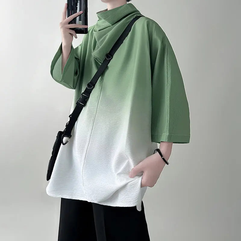 Gradient Short Sleeve Men's Plus Size Special-interest Design Pu Handsome High Sense  Pre2brand Green-5XL