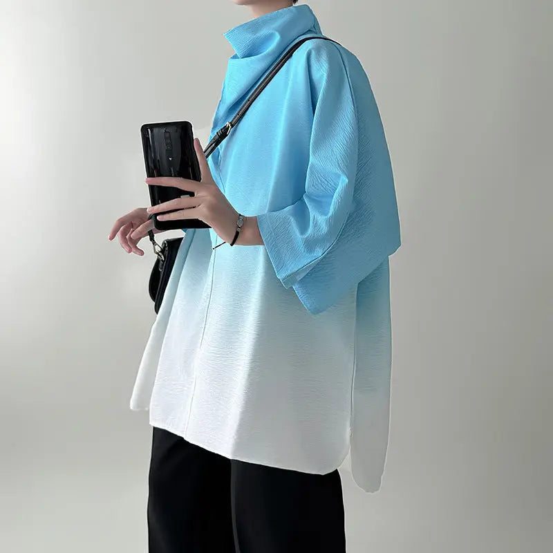 Gradient Short Sleeve Men's Plus Size Special-interest Design Pu Handsome High Sense  Pre2brand Blue-5XL