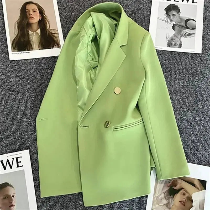 Green Pink Metal Button Suit Coat New British Style Design Feeling Double-Breasted Suit Spring Autumn Blazer Women Outerwear 3XL  Pre2brand XXXL-Green