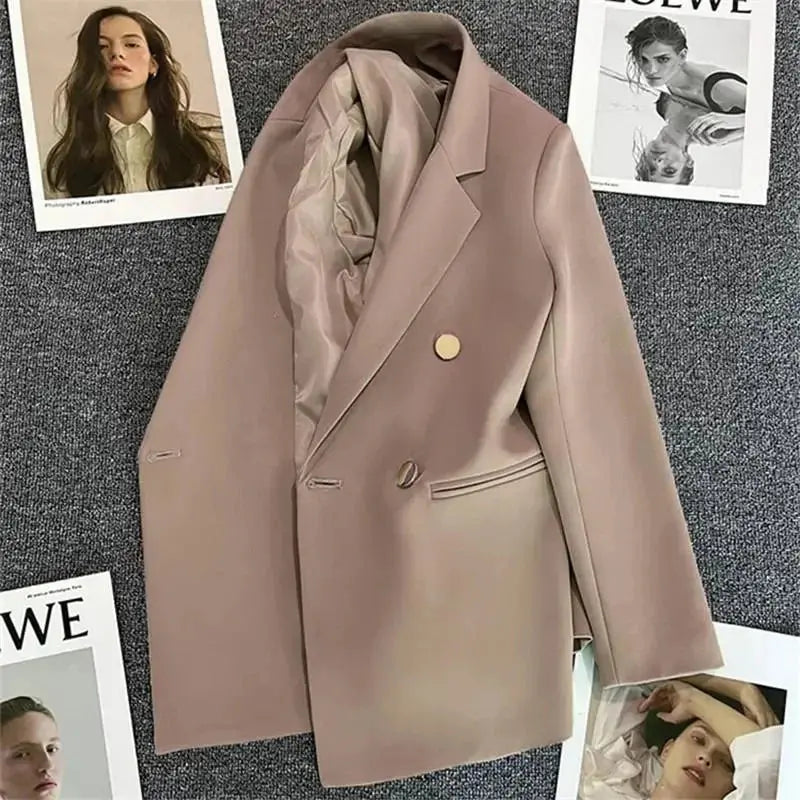 Green Pink Metal Button Suit Coat New British Style Design Feeling Double-Breasted Suit Spring Autumn Blazer Women Outerwear 3XL  Pre2brand XXXL-Khaki