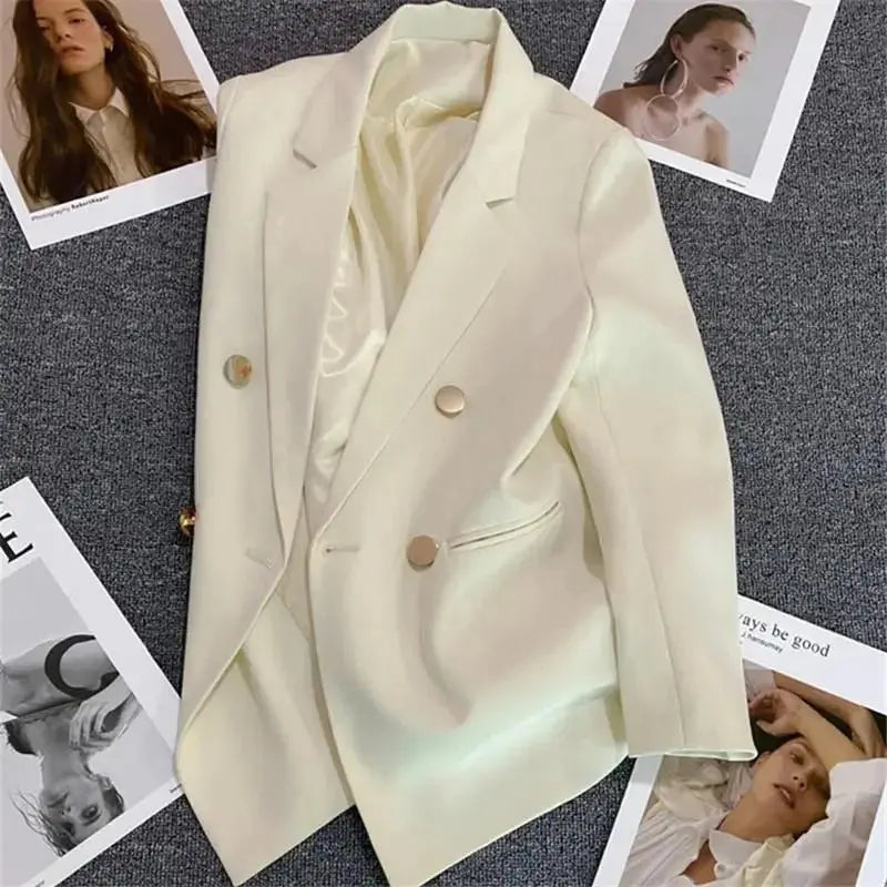 Green Pink Metal Button Suit Coat New British Style Design Feeling Double-Breasted Suit Spring Autumn Blazer Women Outerwear 3XL  Pre2brand XXXL-Off-White
