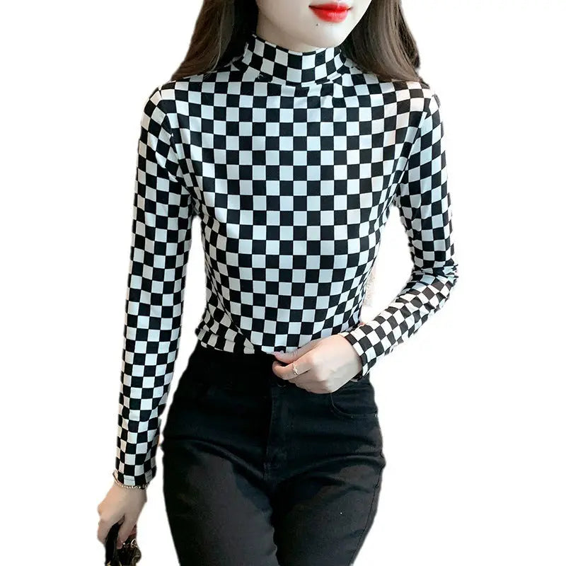 Half Turtleneck Bottoming Shirt Women's FallWinter Slim Slimming  Pre2brand Black-And-White-Plaid-XXL