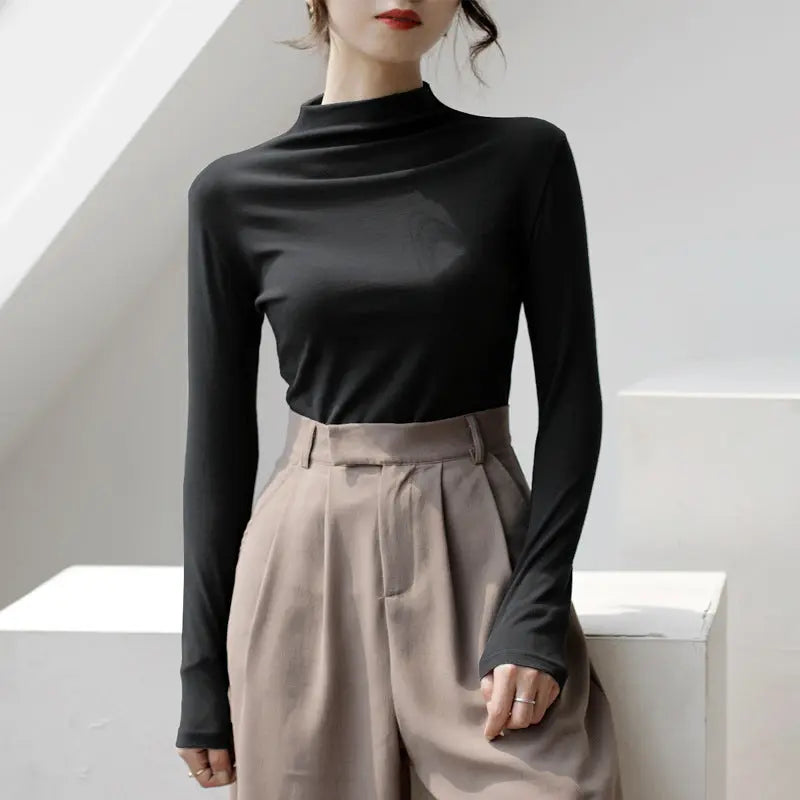 Half Turtleneck Solid Color Inner Wear Slim Fit Long-sleeved T-shirt Women  Pre2brand Elegant-Black-Average-Size