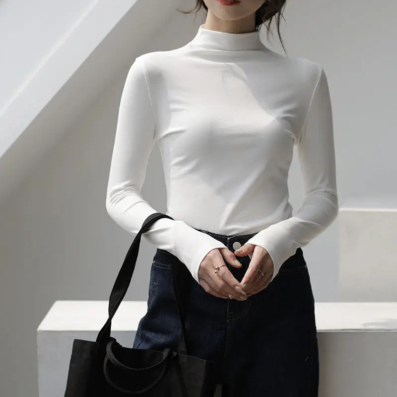 Half Turtleneck Solid Color Inner Wear Slim Fit Long-sleeved T-shirt Women  Pre2brand Cloud-White-Average-Size