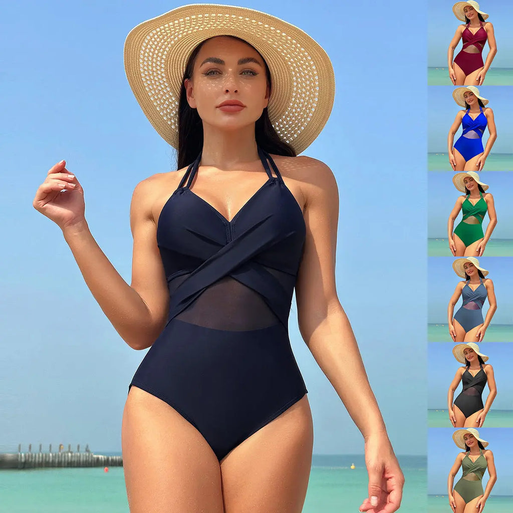 Halter-neck One-piece Swimsuit Summer Solid Color Cross-strap Design Mesh Bikini Beach Vacation Womens Clothing - Pre2brand