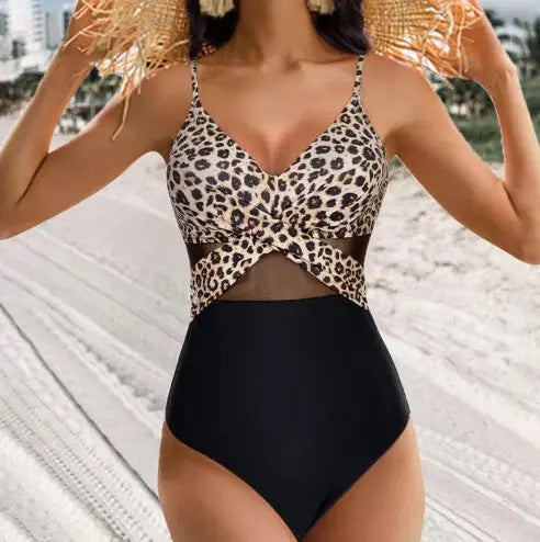 Halter-neck One-piece Swimsuit Summer Solid Color Cross-strap Design Mesh Bikini Beach Vacation Womens Clothing - Pre2brand