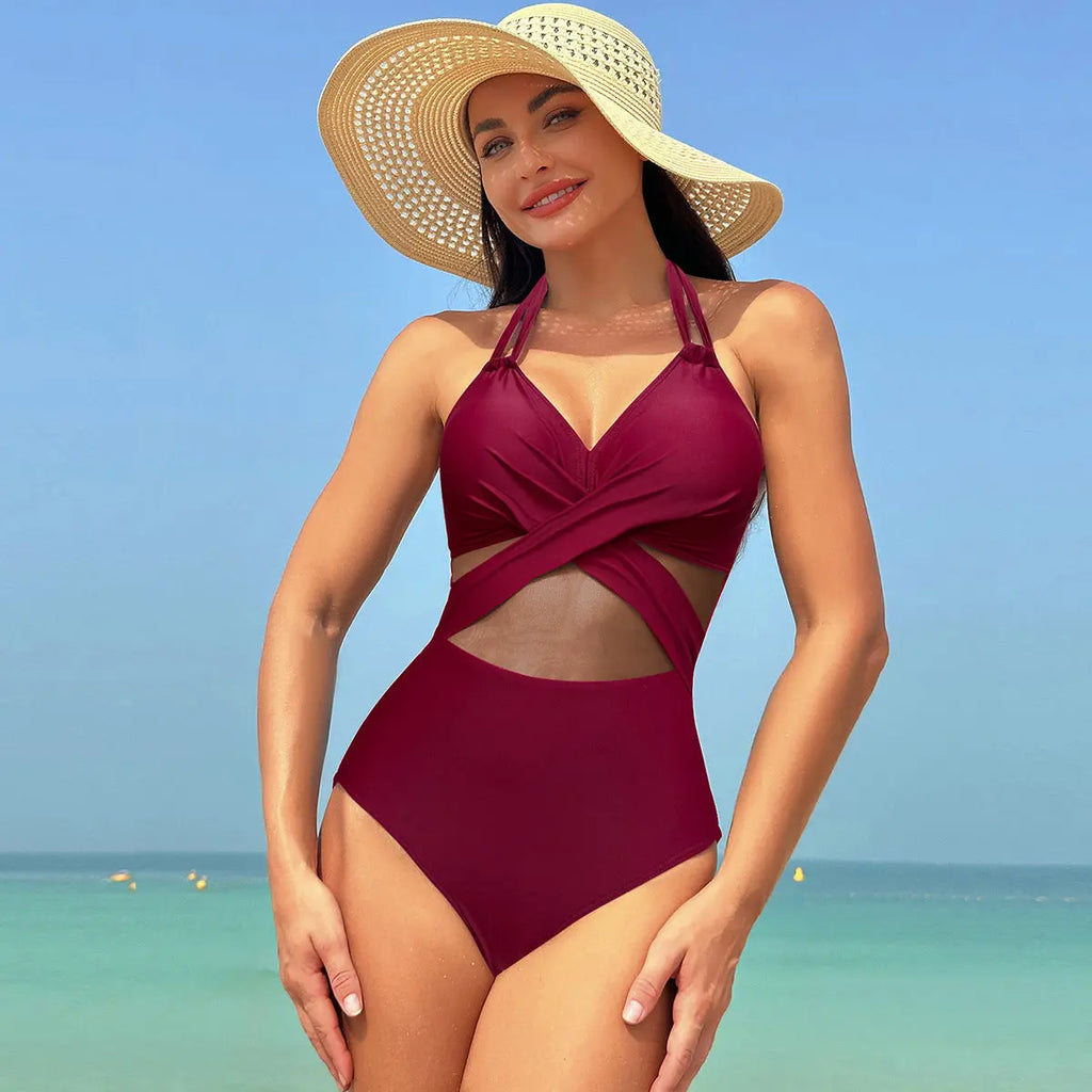 Halter-neck One-piece Swimsuit Summer Solid Color Cross-strap Design Mesh Bikini Beach Vacation Womens Clothing - Pre2brand
