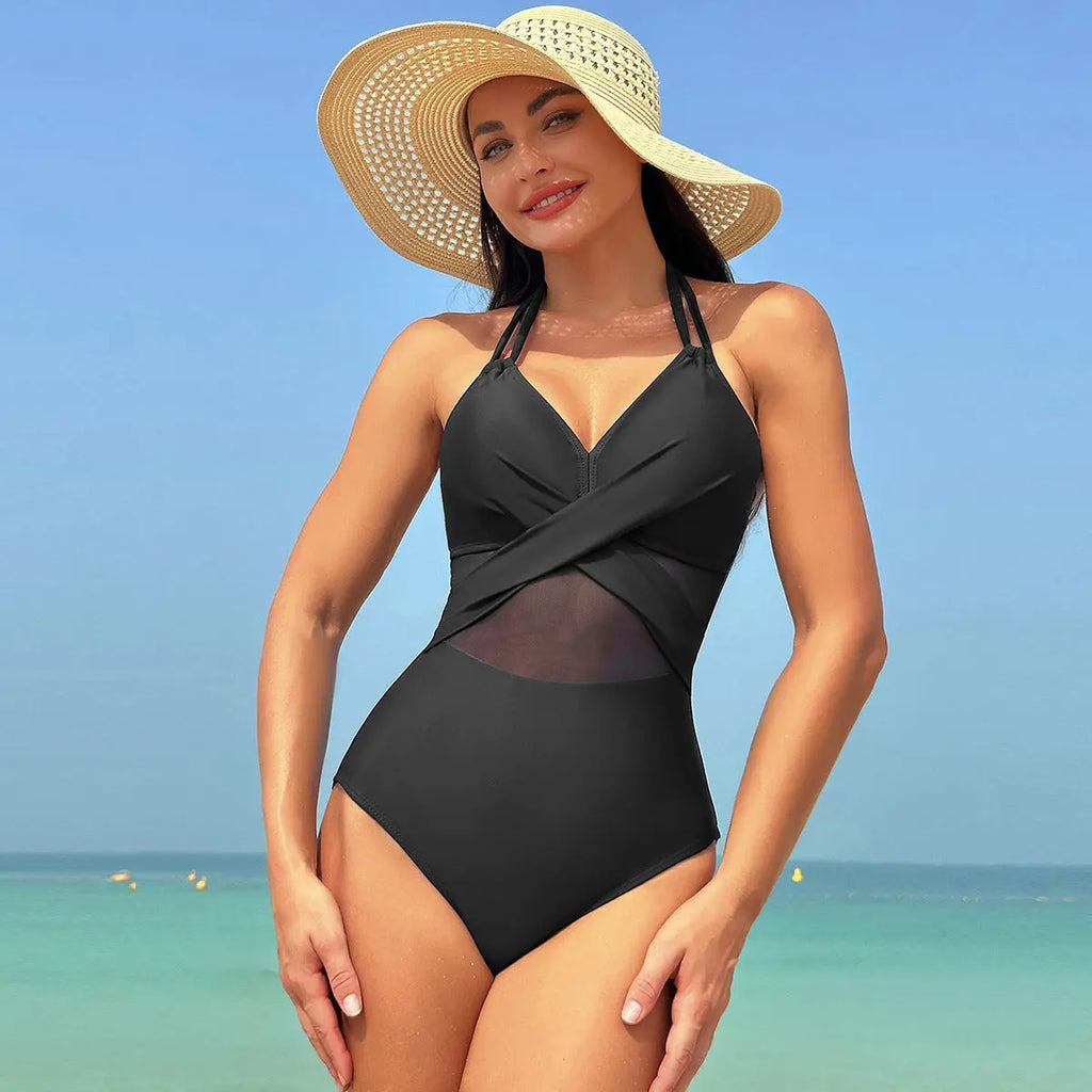 Halter-neck One-piece Swimsuit Summer Solid Color Cross-strap Design Mesh Bikini Beach Vacation Womens Clothing - Pre2brand