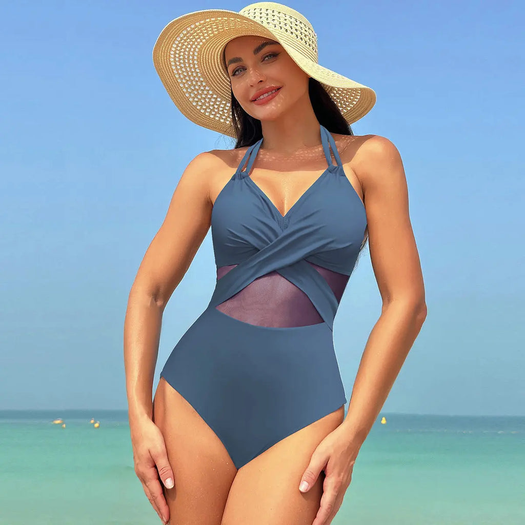Halter-neck One-piece Swimsuit Summer Solid Color Cross-strap Design Mesh Bikini Beach Vacation Womens Clothing - Pre2brand