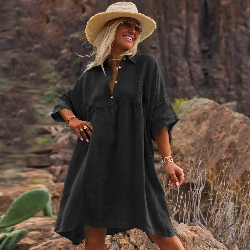 Holiday Leisure Button Artistic Style Dress  Pre2brand Black-XL