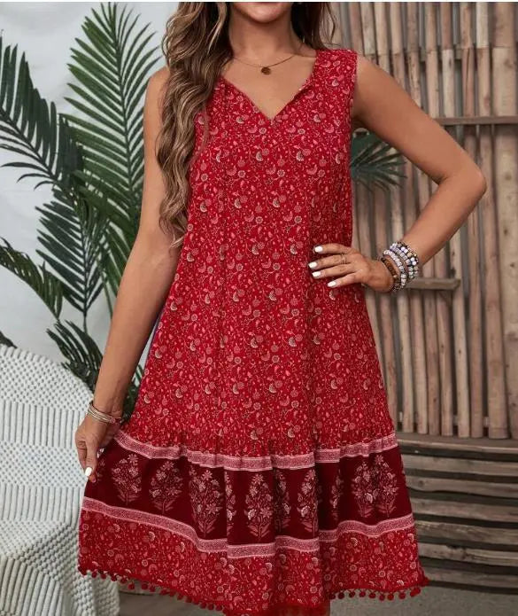 Holiday Spun Rayon Printed V-neck Dress For Women  Pre2brand Deep-red-3XL