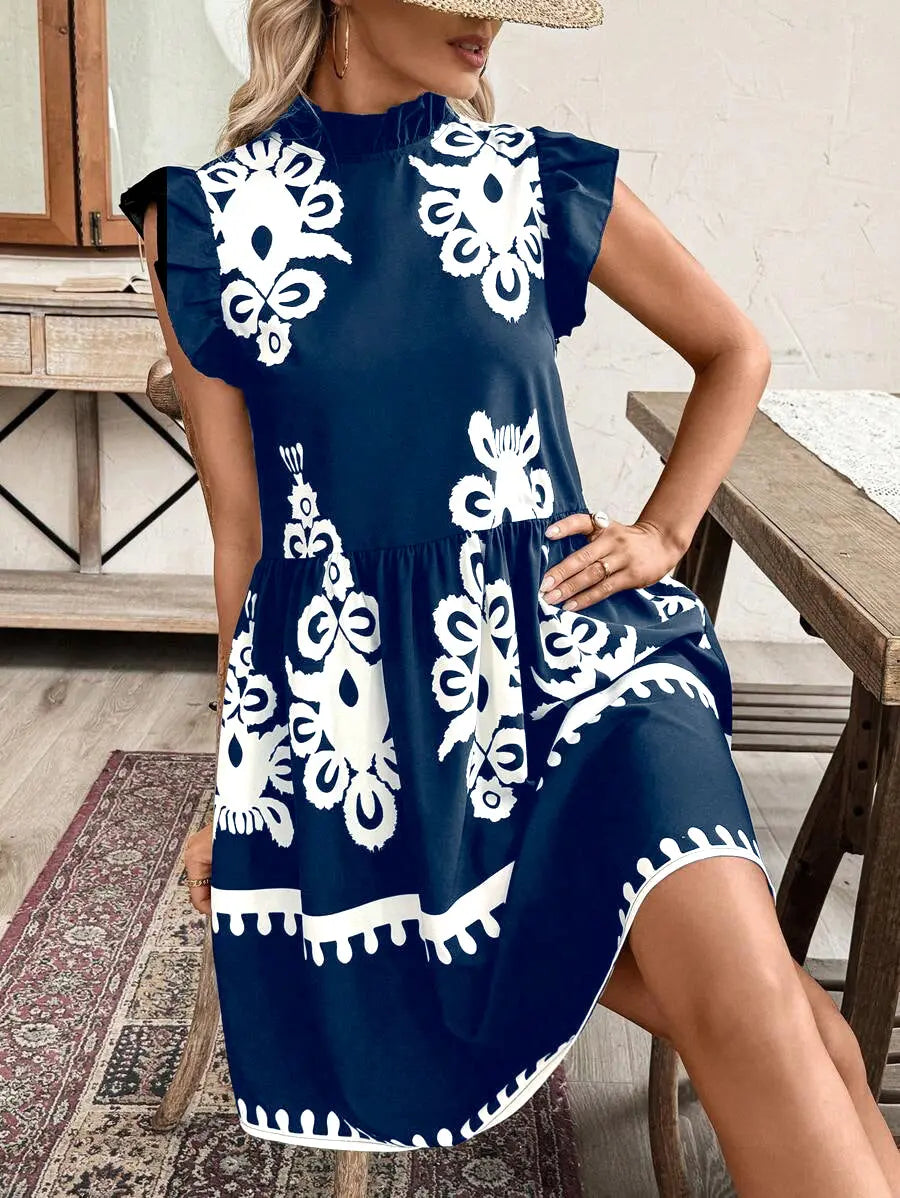 Holidaya Printed Ruffle Collar Flare Sleeve Loose Cake Dress  Pre2brand Blue-3XL