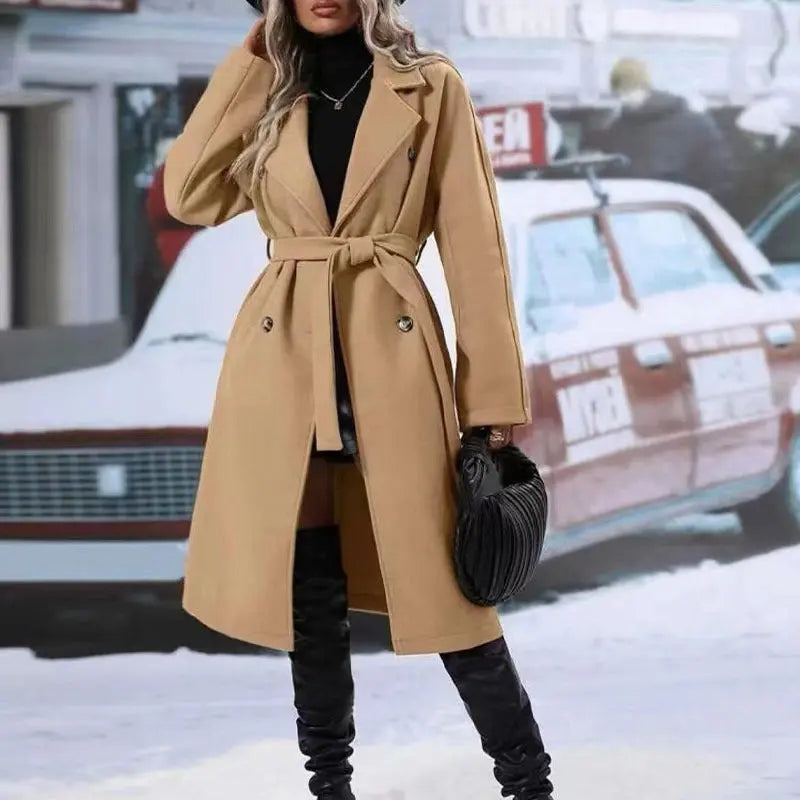 Lapel Double-breasted Trench Coat With Belt Winter Fashion Solid Color Long Jacket Outwear Women Clothing  Pre2brand Khaki-XL